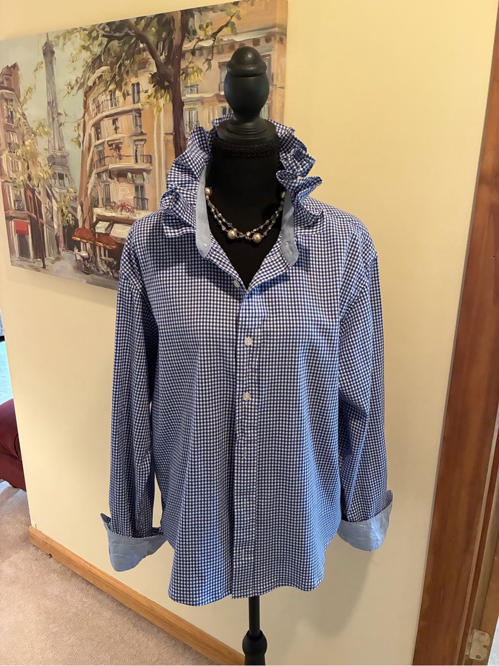 Nautica Blue and White Gingham Button-Down Shirt with Ruffle Collar - Picture 2 of 6